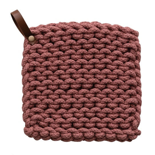 Pink/Ivory Crocheted Pot Holder w/ Leather Loop