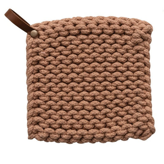 Pink/Ivory Crocheted Pot Holder w/ Leather Loop