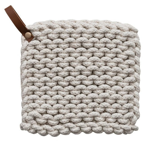 Pink/Ivory Crocheted Pot Holder w/ Leather Loop