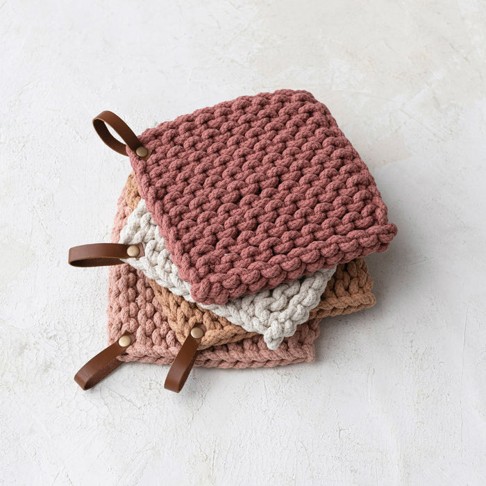 Pink/Ivory Crocheted Pot Holder w/ Leather Loop