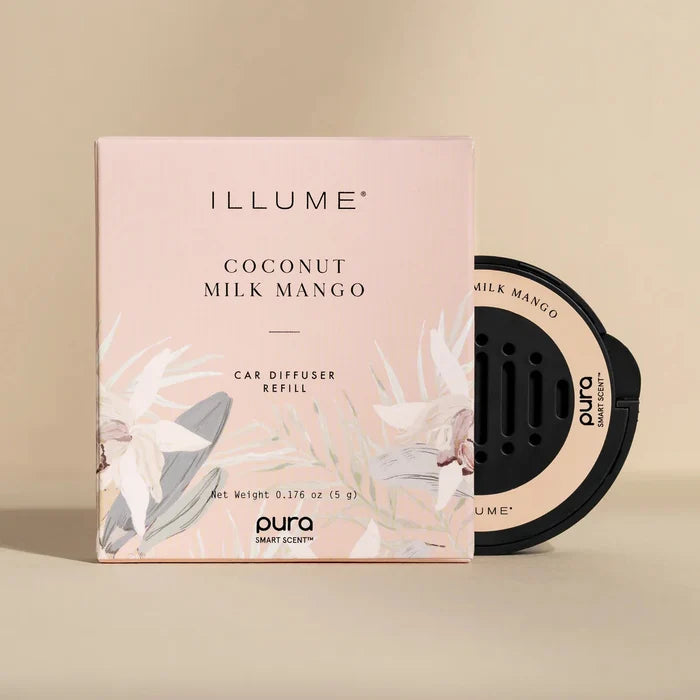A pink box and a round, black Pura Car Diffuser Refill sit side by side on a beige background. The box features floral designs, emphasizing stylish car fragrances.