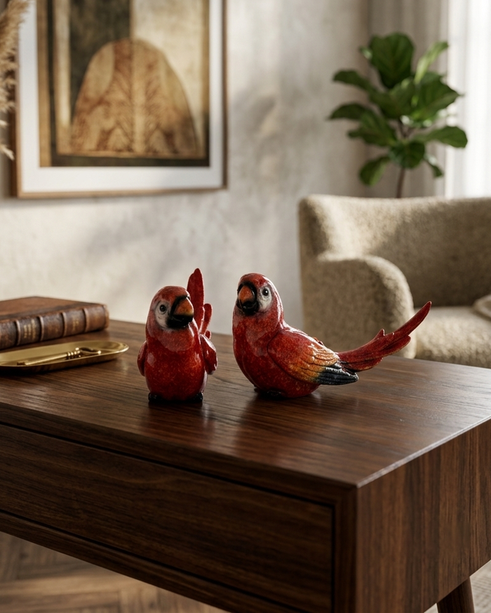 Red Parrot Couple Decorative Figurine Set