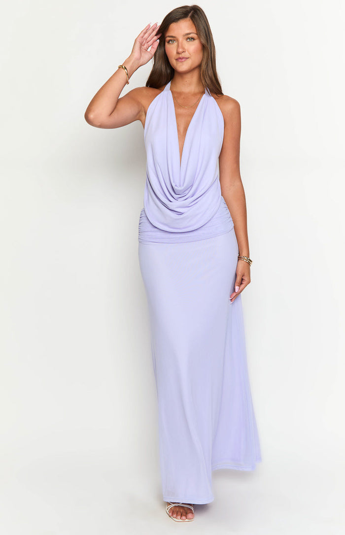 Purple mesh halter top with a draped cowl neckline and ruched hem