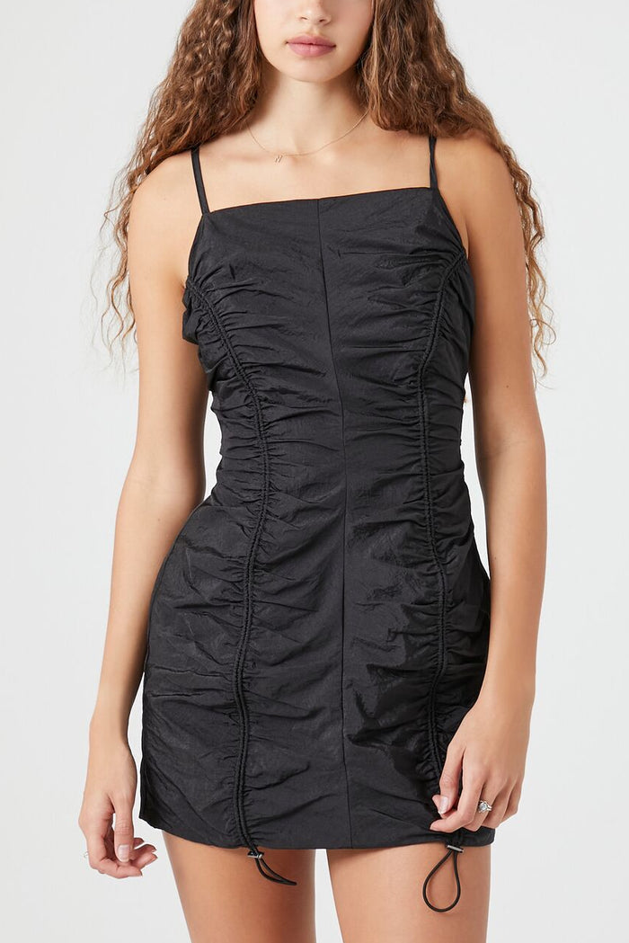 Ruched Toggle Drawstring Mini Dress