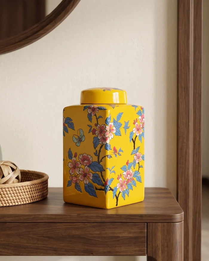 Saffron Bloom Chinoiserie Decorative Jar
