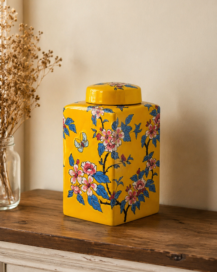 Saffron Bloom Chinoiserie Decorative Jar