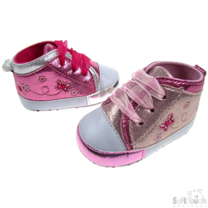 SHINY PU SHOES W/BUTTERFLY EMBROIDERY & MATCHING ORGANZA LACE: B2120