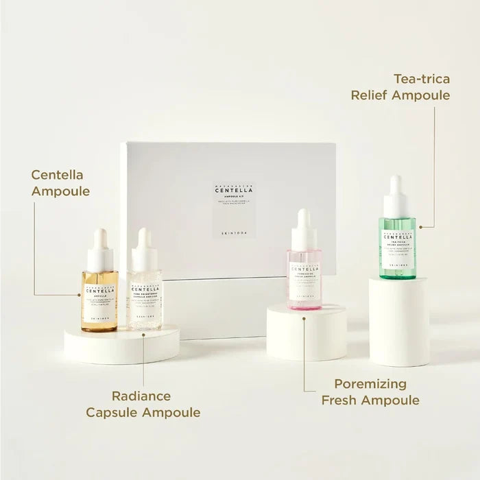 skin1004 madagascar centella ampoule kit infographic showcasing four targeted serums: centella ampoule, tone brightening capsule ampoule, poremizing fresh ampoule and tea-trica relief ampoule. highlights a complete skincare routine to soothe sensitive skin, brighten the complexion, refine the appearance of pores and help calm blemish-prone skin.