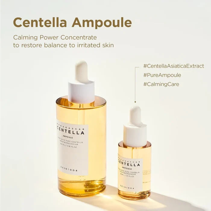 skin1004 madagascar centella ampoule infographic featuring full-size and travel-size centella ampoules. highlights a pure centella asiatica extract formula designed to help calm irritated skin, restore skin balance and provide lightweight hydration for sensitive skin.