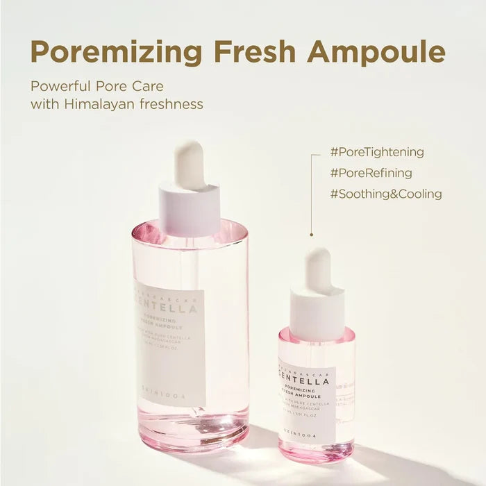 skin1004 madagascar centella poremizing fresh ampoule infographic featuring full-size and travel-size poremizing fresh ampoules. highlights a pore-refining formula designed to help minimise the appearance of enlarged pores, soothe and cool the skin, and leave the complexion feeling refreshed and balanced.