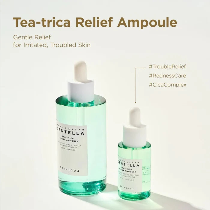 skin1004 madagascar centella tea-trica relief ampoule infographic featuring full-size and travel-size tea-trica relief ampoules. highlights a soothing formula with centella and tea tree ingredients to help calm irritated, blemish-prone skin, reduce the appearance of redness and support a clearer, healthier-looking complexion.
