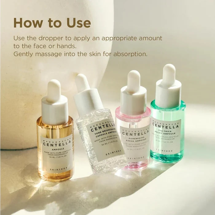 skin1004 madagascar centella ampoule kit how-to-use infographic featuring four targeted ampoules: centella ampoule, tone brightening capsule ampoule, poremizing fresh ampoule and tea-trica relief ampoule. illustrates applying a few drops with the dropper and gently massaging into the face or hands until fully absorbed.