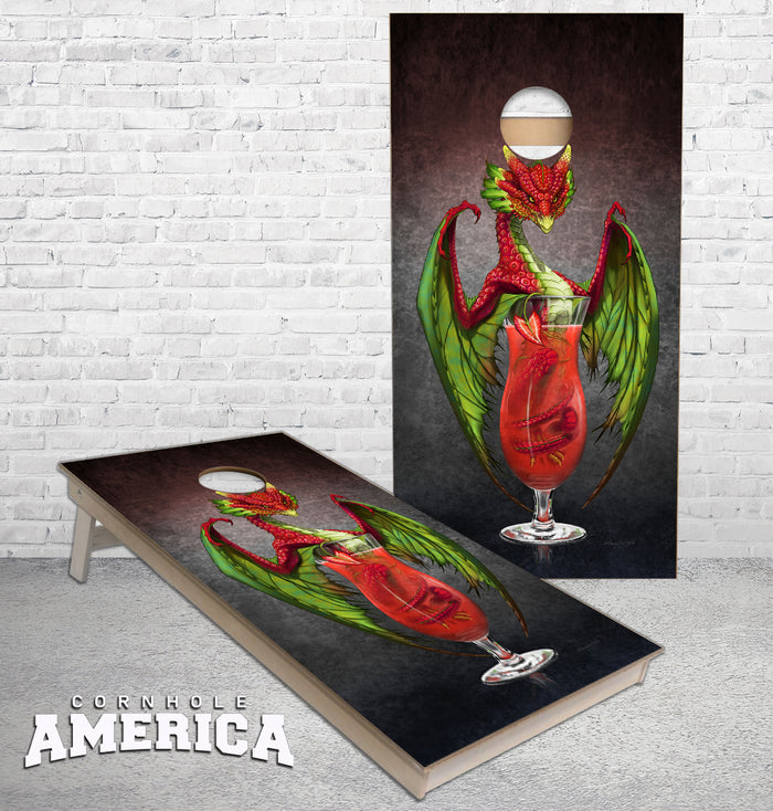 Strawberry Daiquiri Dragon and Drink Art by Stanley Morrison Cornhole Boards