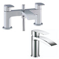 Tre Mercati Ripley Basin and Bath Shower Mixer Deal featuring a chrome basin mixer tap and matching bath shower mixer with curved waterfall-style spouts and contemporary lever handles.