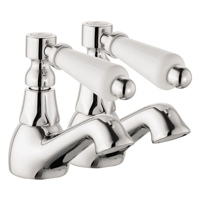 Victoria Bianco chrome bath pillar taps with classic white lever handles, featuring a traditional twin tap design for heritage and period-style bathrooms.