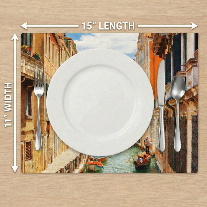 Placemat with scenic design of a canal and buildings, featuring cutlery for size reference.