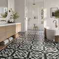 Victoria Multicolour 45 x 45cm ceramic floor tile featuring a bold black and white geometric pattern, ideal for adding timeless character to interior floors.