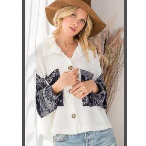 White/Blue Paisley Print Button Up Top — BucketList