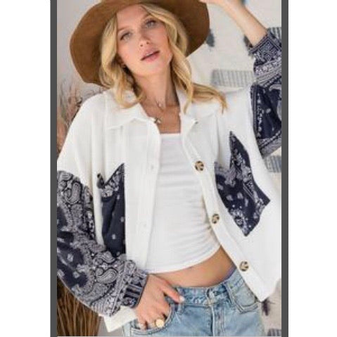 White/Blue Paisley Print Button Up Top — BucketList, view 2