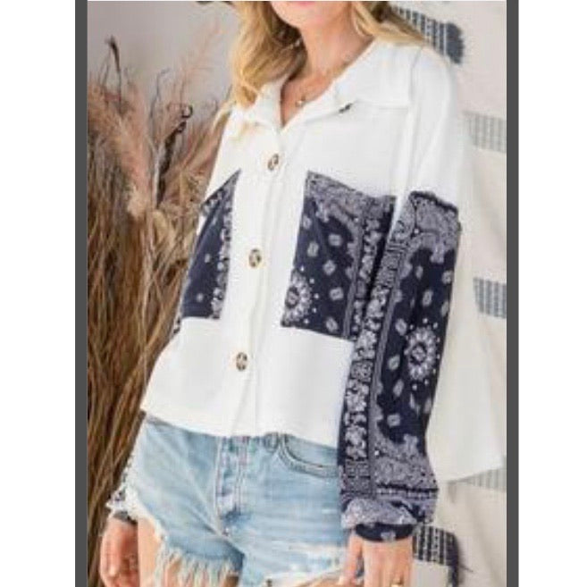 White/Blue Paisley Print Button Up Top — BucketList, view 3