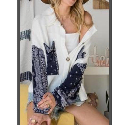 White/Blue Paisley Print Button Up Top — BucketList, view 4
