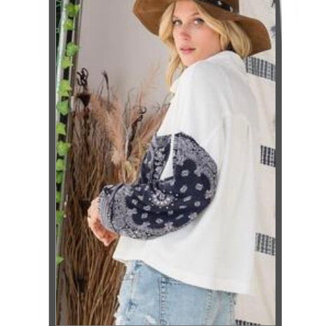 White/Blue Paisley Print Button Up Top — BucketList, view 5