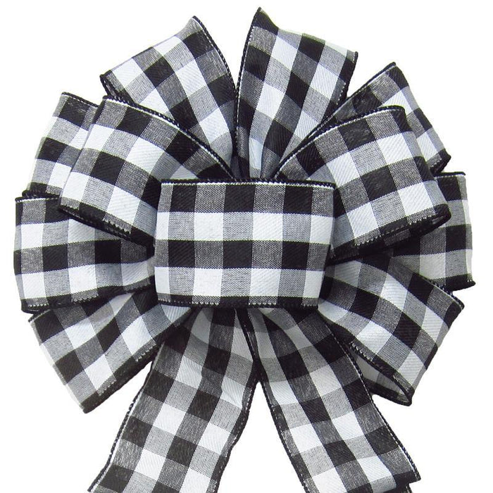 Wired Buffalo Plaid Black & White Linen Bows (2.5"ribbon~10"Wx20"L) - Alpine Holiday Bows