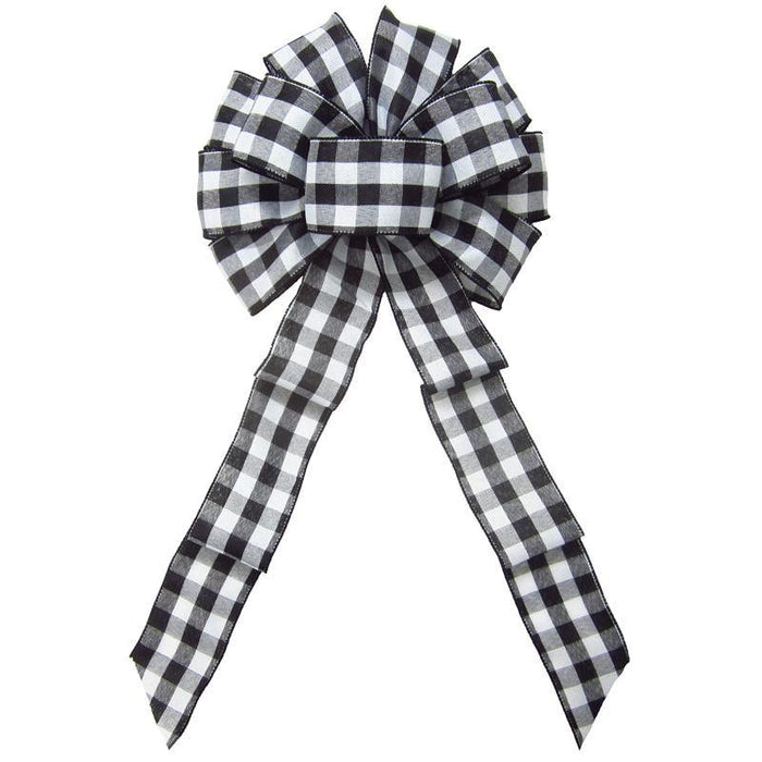 Wired Buffalo Plaid Black & White Linen Bows (2.5"ribbon~10"Wx20"L) - Alpine Holiday Bows