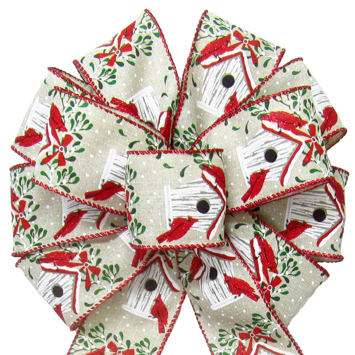 Christmas Bows - Wired Cardinals Birdhouse Natural Bow (2.5"ribbon~10"Wx20"L)
