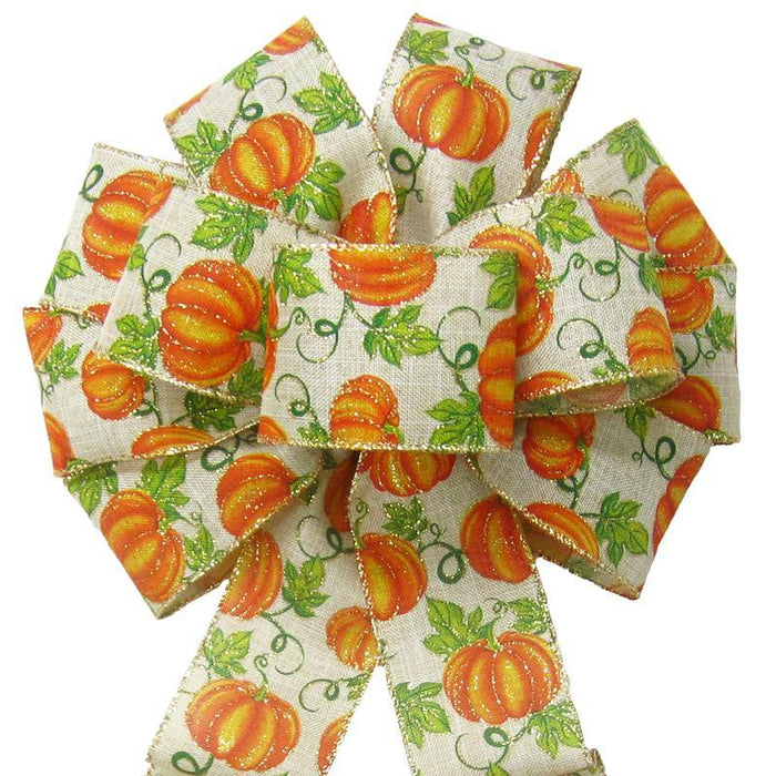 Wired Fall Pumpkins Natural Linen Bow (2.5"ribbon~10"Wx20"L) - Alpine Holiday Bows
