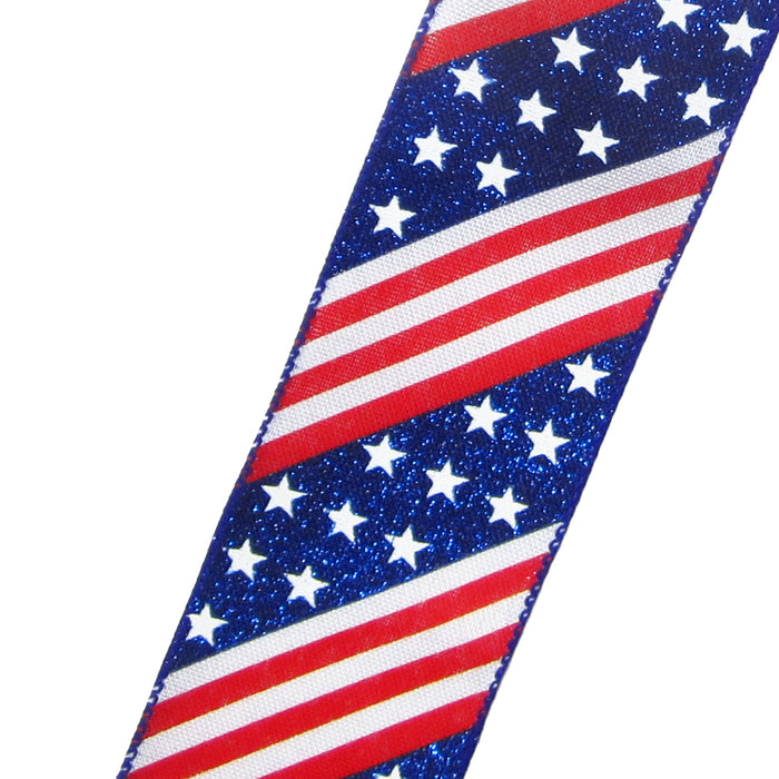 Patriotic Ribbon - Wired Glittering Stars & Stripes Ribbon (#40-2.5"Wx10Yards)