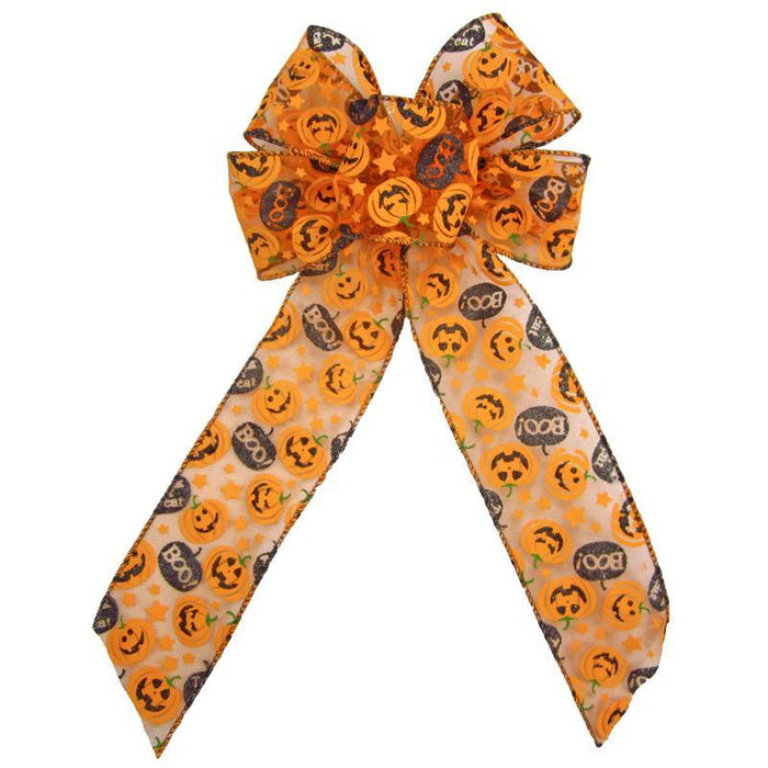 Wired Jack O Lantern Pumpkins Bow (2.5"ribbon~6"Wx10"L) - Alpine Holiday Bows