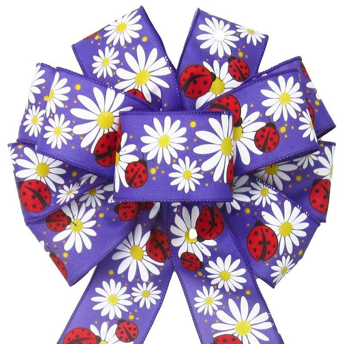 Spring Bows - Wired Ladybugs & Daisies Purple Spring Bow (2.5"ribbon~10"Wx20"L)