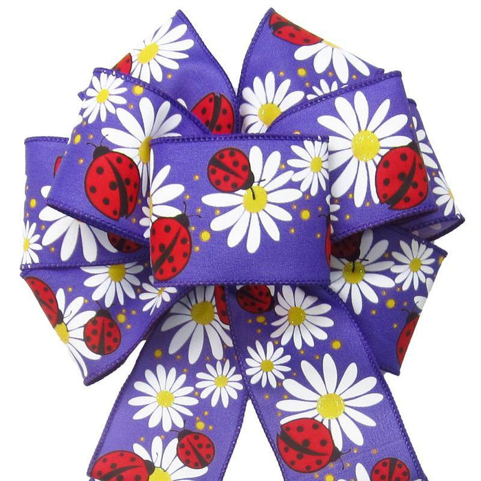 Wired Ladybugs & Daisies Purple Spring Bow (2.5"ribbon~8"Wx16"L) - Alpine Holiday Bows
