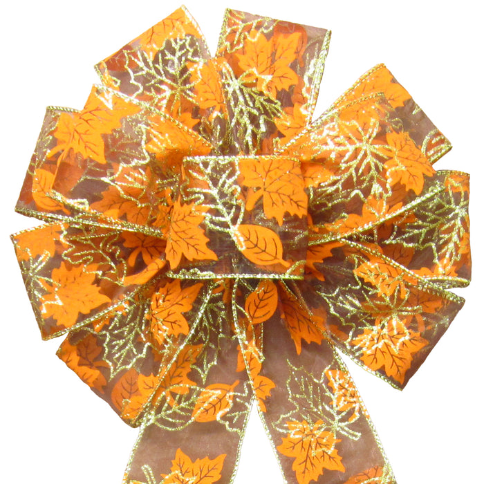 Wired Orange & Gold Glitter Fall Leaves Bows (2.5"ribbon~10"Wx20"L)