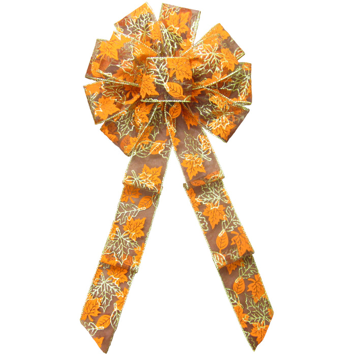 Wired Orange & Gold Glitter Fall Leaves Bows (2.5"ribbon~10"Wx20"L)