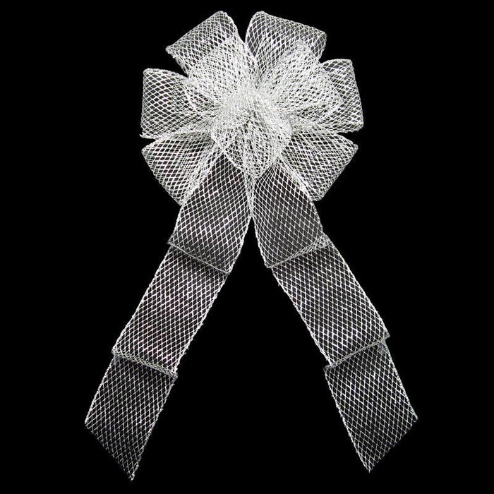 Wired Outdoor Mesh Silver Bow (2.5"ribbon~8"Wx16"L) - Alpine Holiday Bows