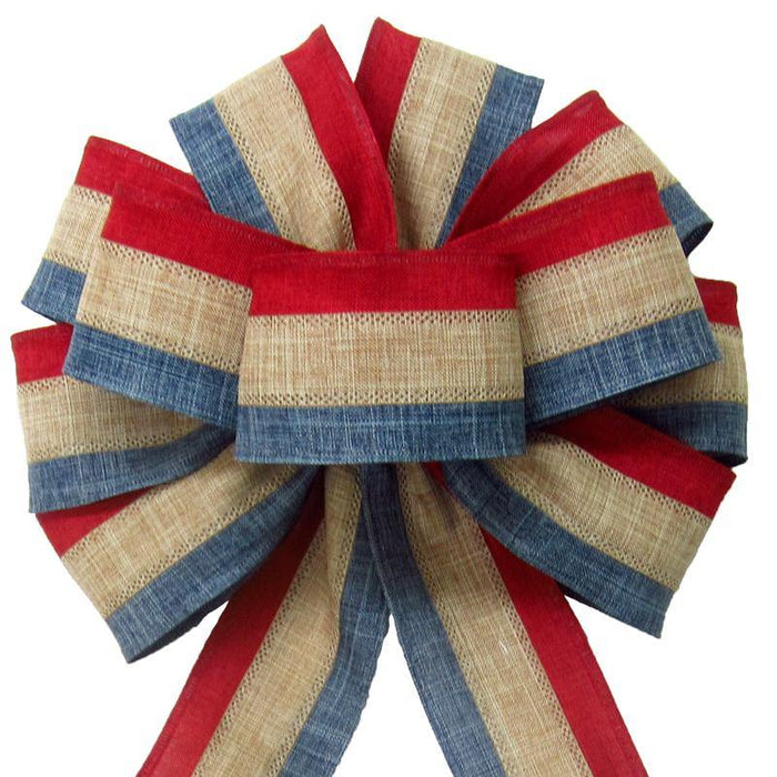 Patriotic Wreath Bows - Wired Patriotic Linen Tri Stripe Natural Bow (2.5"ribbon~10"Wx20"L)