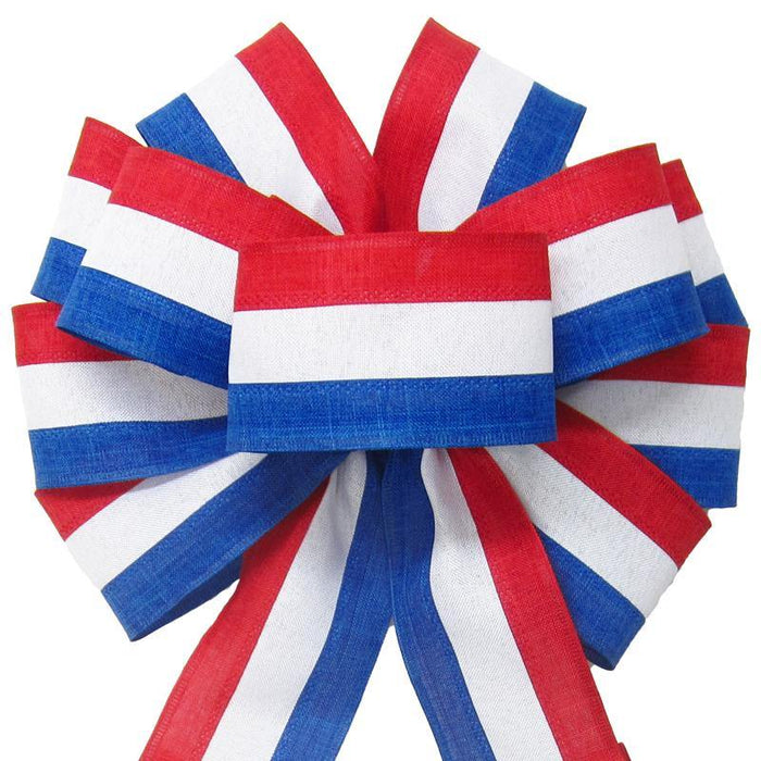 Wired Patriotic Linen Tri Stripe White Bow (2.5"ribbon~10"Wx20"L) - Alpine Holiday Bows