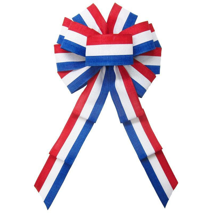 Wired Patriotic Linen Tri Stripe White Bow (2.5"ribbon~10"Wx20"L) - Alpine Holiday Bows