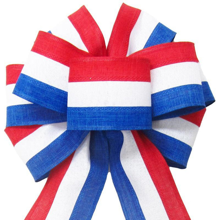Wired Patriotic Linen Tri Stripe White Bow (2.5"ribbon~8"Wx16"L) - Alpine Holiday Bows
