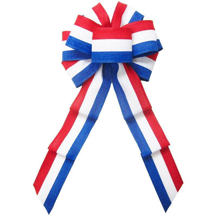 Wired Patriotic Linen Tri Stripe White Bow (2.5"ribbon~8"Wx16"L) - Alpine Holiday Bows